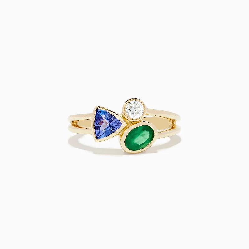 ladies rings branded-14K Yellow Gold Tri Stone Diamond, Emerald and Tanzanite Ring