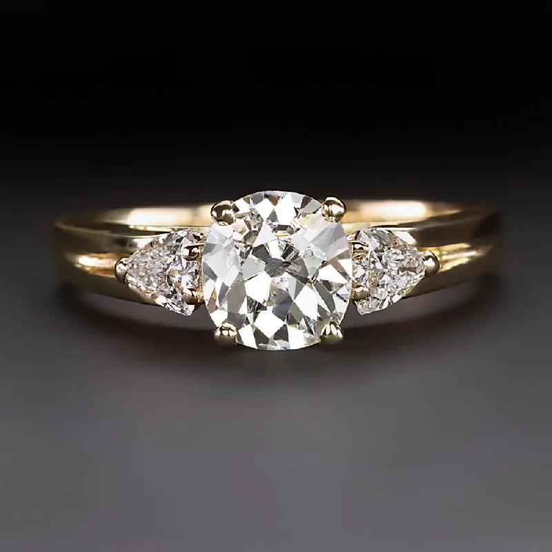 sustainable engagement rings -1 CARAT OLD MINE CUT DIAMOND ENGAGEMENT RING 3 STONE TRILLION 18k YELLOW GOLD