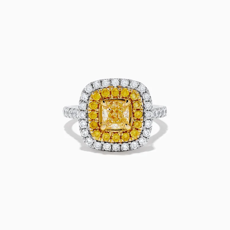 ladies rings cheap-Canare 14k Two Tone Gold Cushion Cut Double Halo Yellow Diamond Ring 1.86 TCW