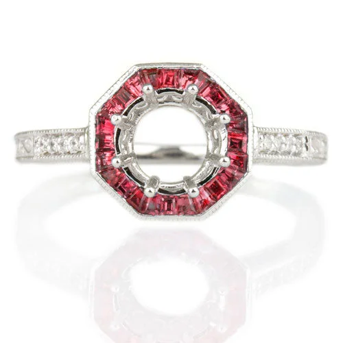 fairytale engagement rings -VINTAGE STYLE RUBY HALO DIAMOND SEMI-MOUNT ENGAGEMENT RING ROUND SETTING 14K WG