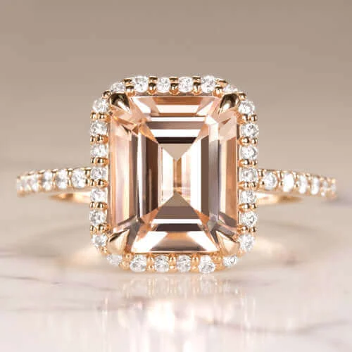 nature-inspired engagement rings -2.7ct EMERALD CUT PEACH MORGANITE 0.62c DIAMOND ENGAGEMENT RING HALO ROSE GOLD