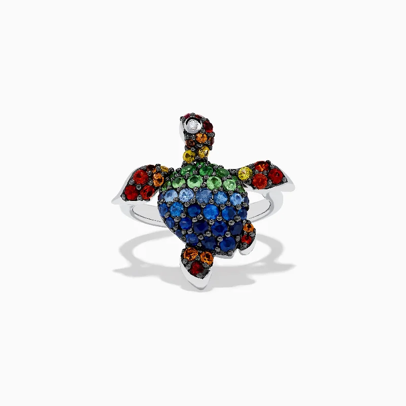 ladies rings solitaire-925 Seaside Sterling Silver Mutli Sapphires Turtle Ring