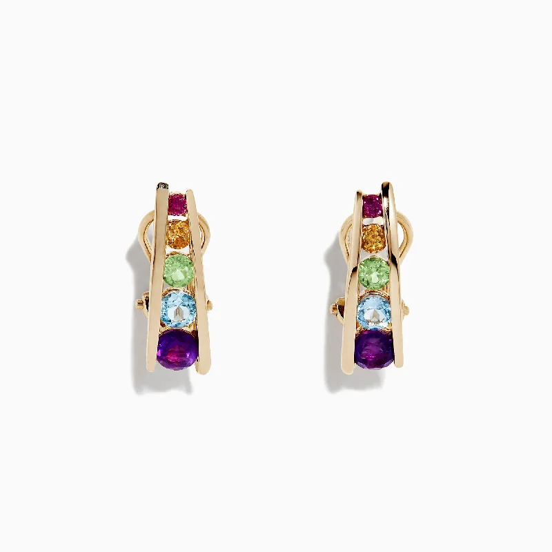 ladies earrings filigree-Mosaic 14K Yellow Gold Multi Gemstone Earrings, 1.40 TCW