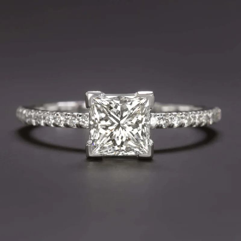 art deco engagement rings -1.11c GIA CERTIFIED I SI1 DIAMOND ENGAGEMENT RING PRINCESS CUT PAVE BAND RADIANT