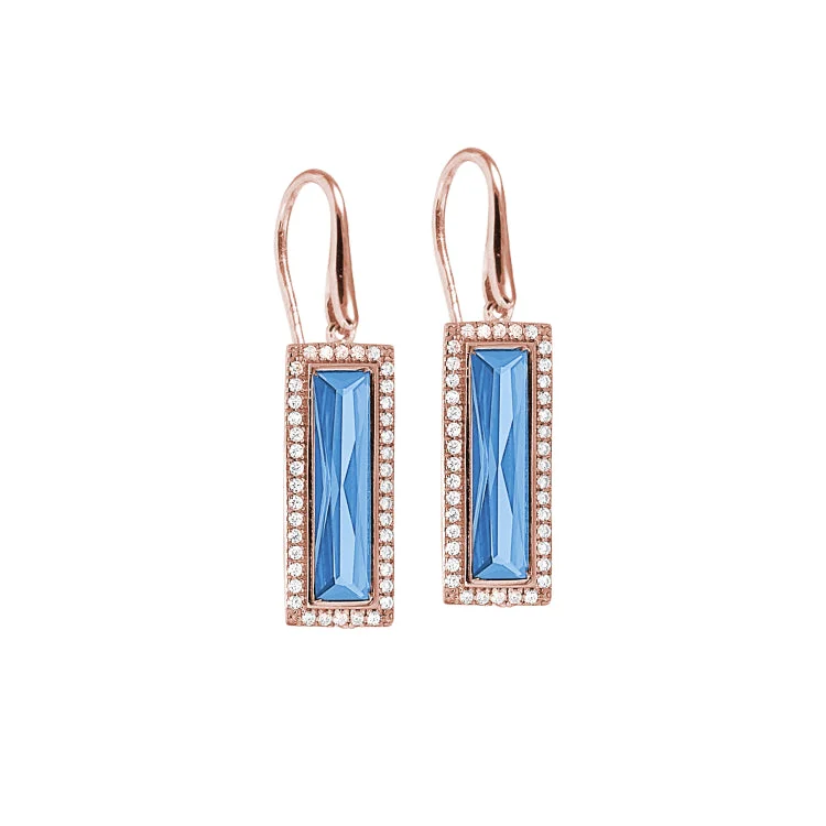 ladies earrings drop-Rose Gold Finish Sterling Silver Earrings with Rectangular Simulated Blue Topaz Stones and Simulated Diamonds