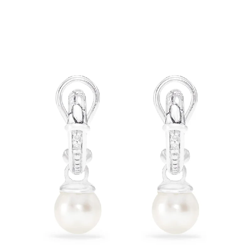 ladies earrings cheap-925 Sterling Silver Cultured Pearl and Diamond Earrings, 0.03 TCW