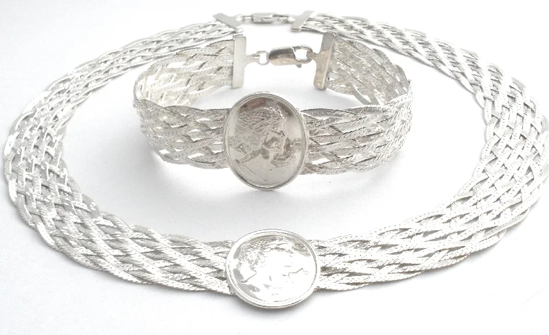 Ladies bracelets isle charm -Sterling Silver Braided Cameo Necklace & Bracelet Set Milor