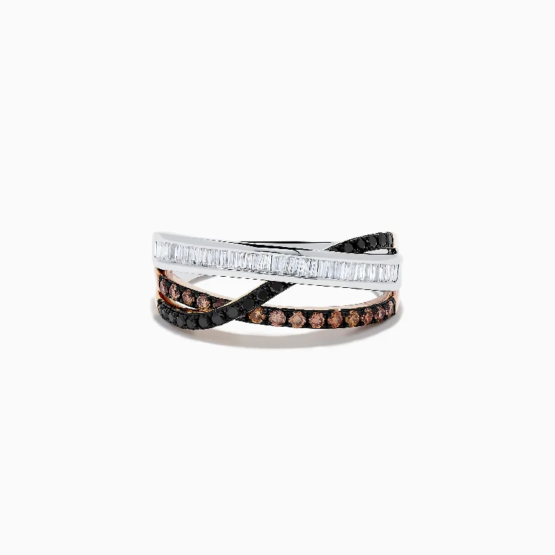 ladies rings polishing-14K Three-Tone Gold Brown, Black and White Diamond Crossover Ring 0.63 TCW