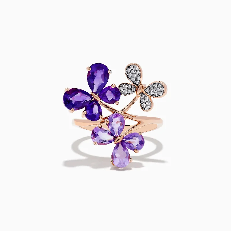 ladies rings heirloom-14K Rose Gold Amethyst and Diamond Multi-Butterfly Ring