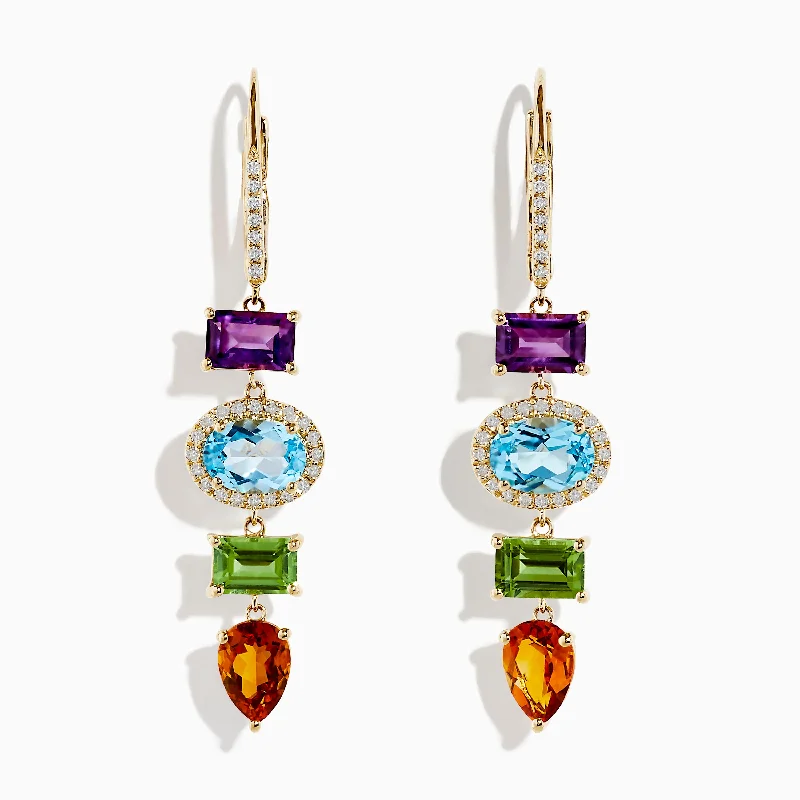 ladies earrings travel-Mosaic 14K Yellow Gold Diamond and Multi Stone Drop Earrings