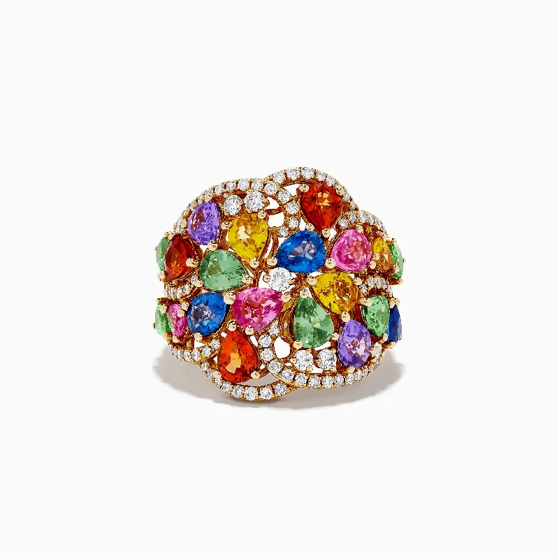 ladies rings affordable-Watercolors 14K Yellow Gold Multi Sapphire and Diamond Ring