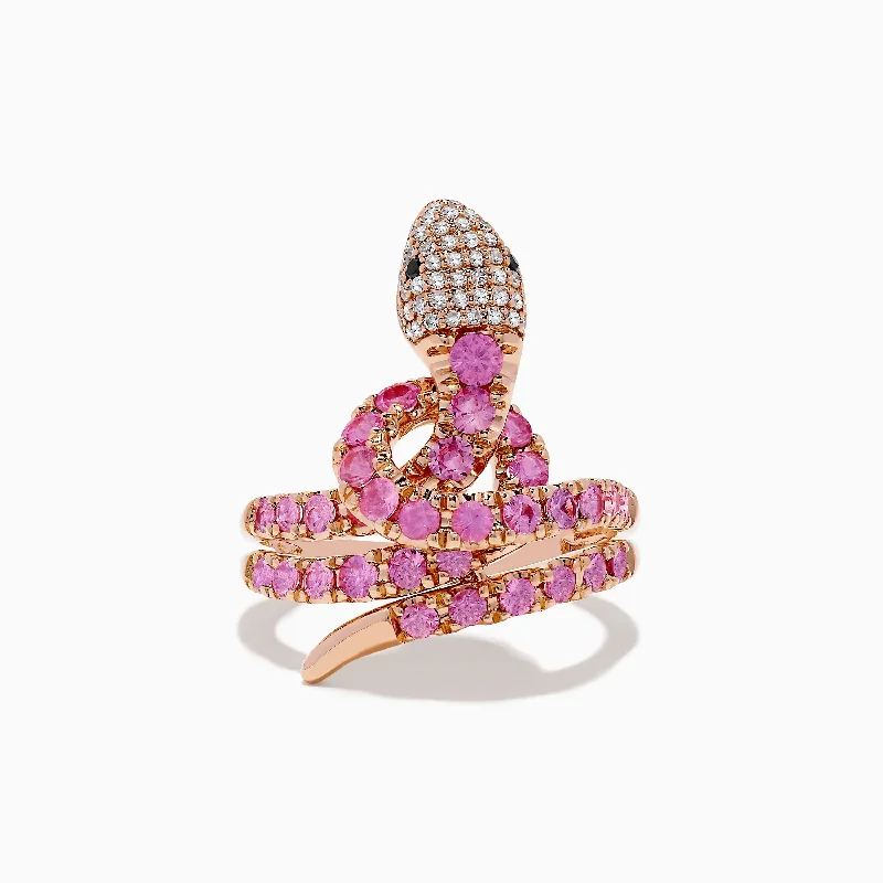 ladies rings nostalgia-Safari 14K Rose Gold Multi Diamond and Pink Sapphire Snake Ring