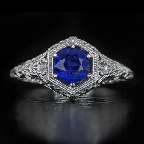 high-end engagement rings -VINTAGE STYLE 1ct NATURAL SAPPHIRE ART NOUVEAU ENGAGEMENT RING FLORAL COCKTAIL