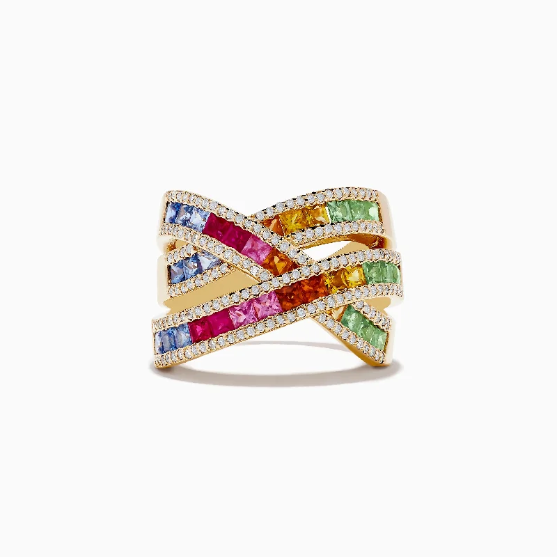 ladies rings heart shaped-Watercolors 14K Yellow Gold Multi Sapphire and Diamond Ring