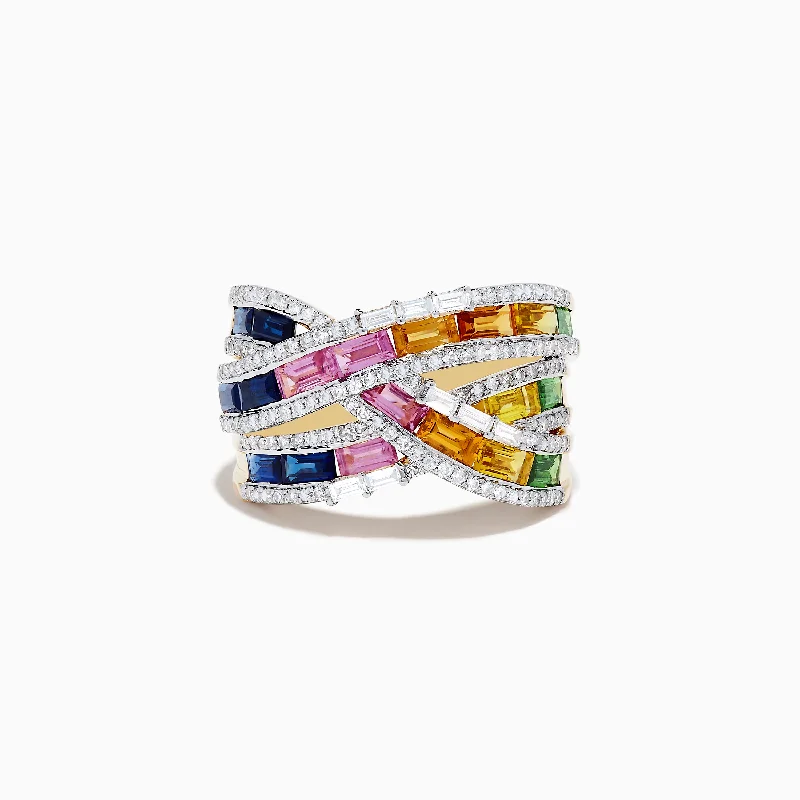 ladies rings promise-Watercolors 14K Gold Multi Sapphire and Diamond Crossover Ring