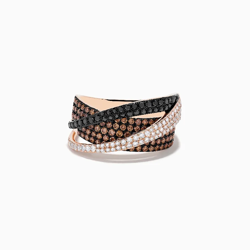 ladies rings colorful-14K Rose Gold Black, Brown and White Diamond Crossover Ring 1.15 TCW