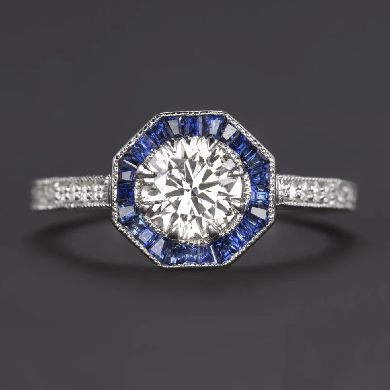 celestial engagement rings -DIAMOND SAPPHIRE ENGAGEMENT RING VINTAGE STYLE ART DECO TARGET VERY GOOD ROUND