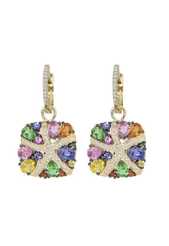 ladies earrings yoga-Watercolors 14K Yellow Gold Multi Sapphire & Diamond Earrings, 3.98 TCW