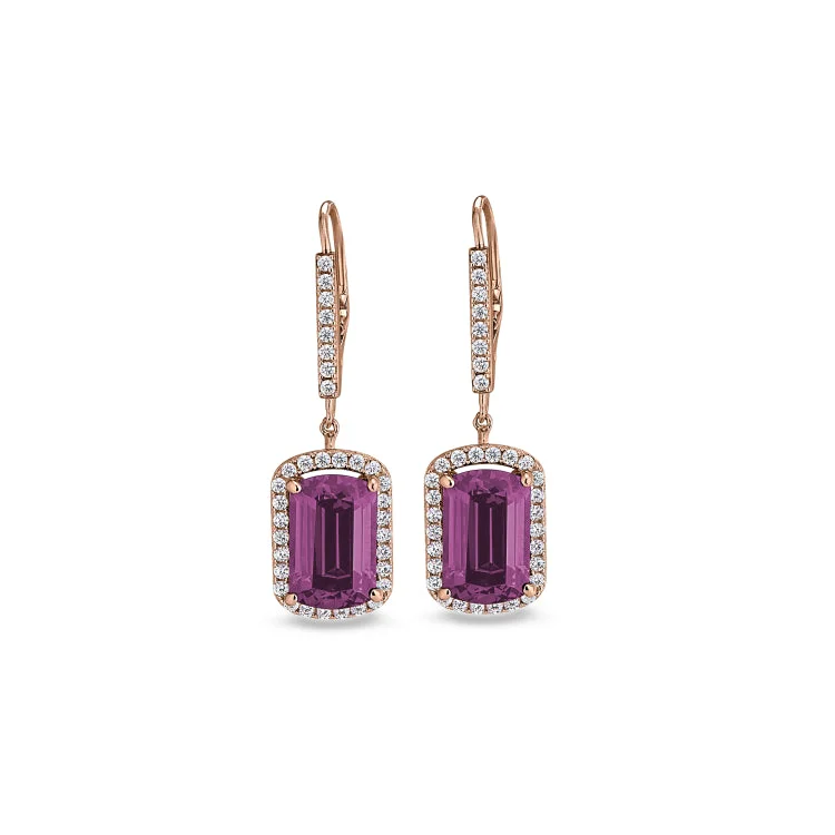 ladies earrings hoop-Rose Gold Finish Sterling Silver Micropave Emerald Cut Pink Stone Earrings with Simulated Diamongs