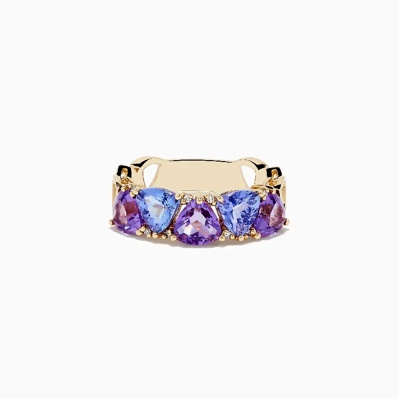 ladies rings rectangle-14K Yellow Gold Amethyst, Tanzanite and Diamond Ring