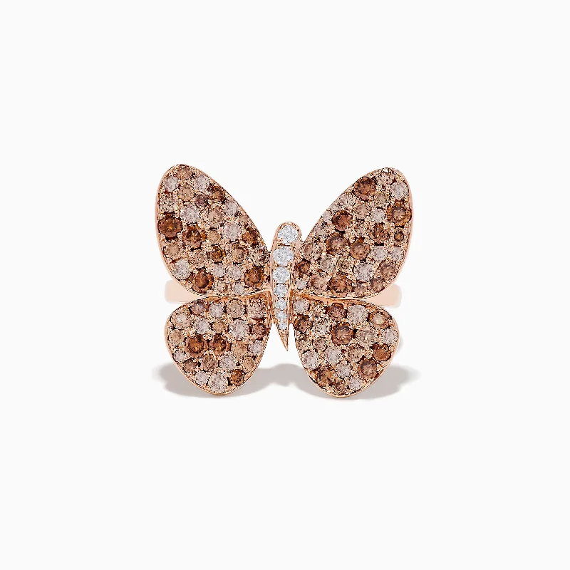 ladies rings matching-Nature 14K Rose Gold Espresso and White Diamond Butterfly Ring