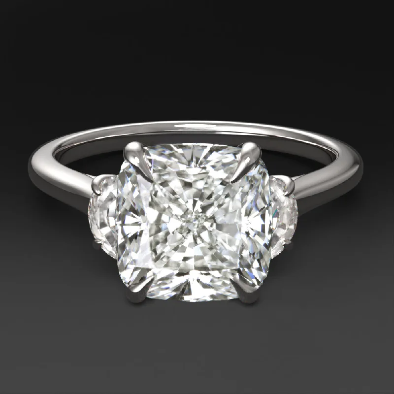 solitaire engagement rings -2ct LAB CREATED DIAMOND ENGAGEMENT RING 3 STONE CUSHION HALF MOON CUT WHITE GOLD