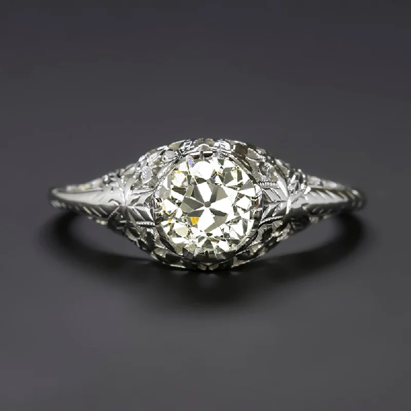 handcrafted engagement rings -1ct ART DECO DIAMOND ENGAGEMENT RING OLD EUROPEAN CUT 18k WHITE GOLD VINTAGE