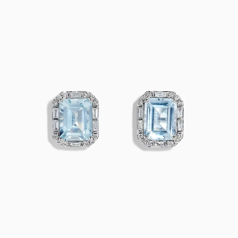 ladies earrings black-Aquarius 14K White Gold Diamond and Aquamarine Stud Earrings