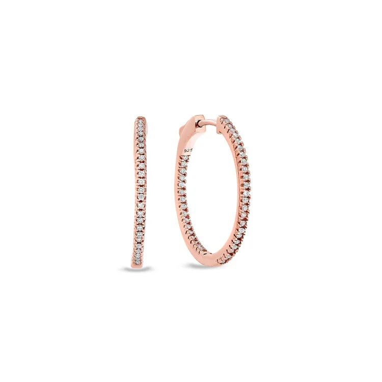 ladies earrings best-Rose Gold Finish Sterling Silver Micropave Inside Out Medium Hoop Earrings with Simulated Diamonds