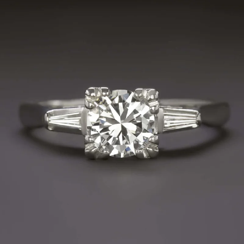 round cut engagement rings -1 CARAT G-H SI1 VINTAGE DIAMOND ENGAGEMENT RING ROUND CUT BAGUETTE ACCENTS 1ct