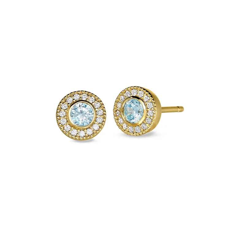 ladies earrings textured-Gold Finish Sterling Silver Micropave Round Simulated Aquamarine Earrings with Simulated Diamonds