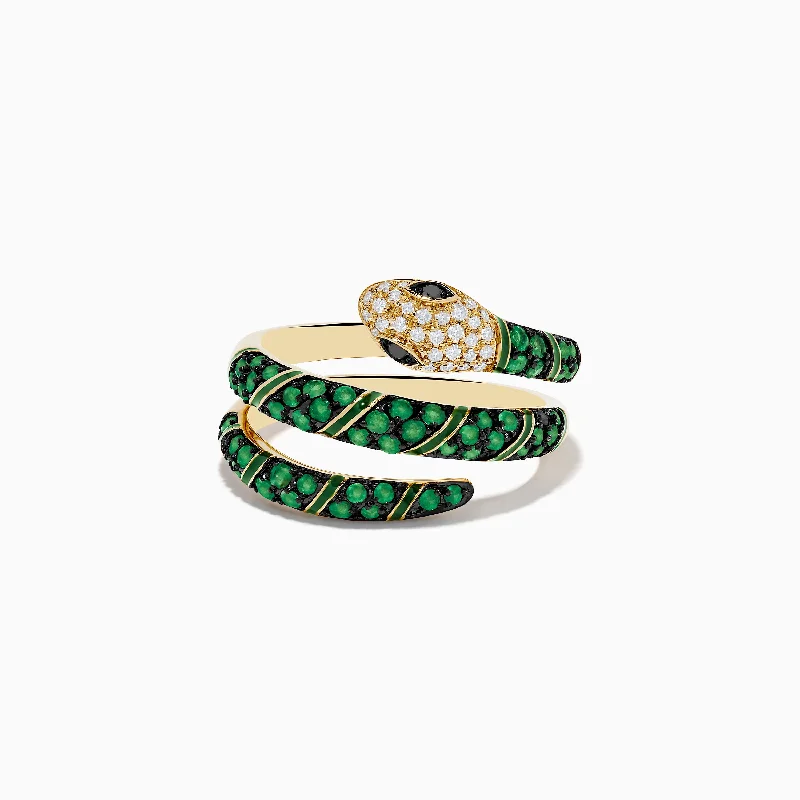 ladies rings subtle elegance-Brasilica 14K Yellow Gold Emerald and Diamond Wrap Snake Ring