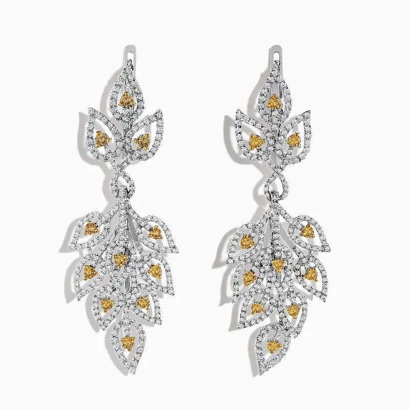 ladies earrings flashy-18K White Gold White and Fancy Yellow Diamond Leaf Drop Earrings, 2.75 TCW