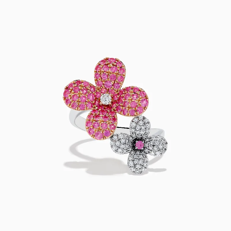 ladies rings wedding-Nature 14k Two Tone Gold Pink Sapphire and Diamond Flower Ring