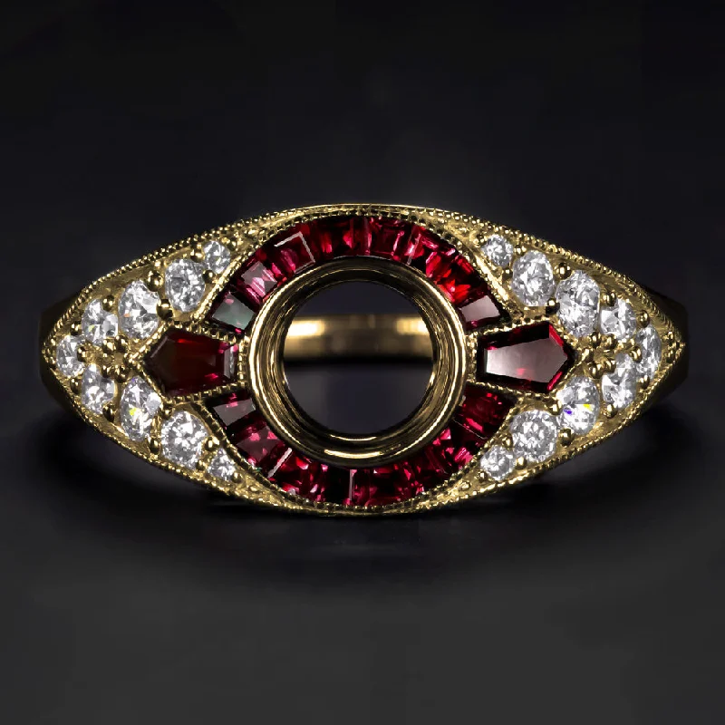 three-stone engagement rings -RUBY DIAMOND ENGAGEMENT RING SETTING GOLD ROUND VINTAGE STYLE ART DECO BEZEL