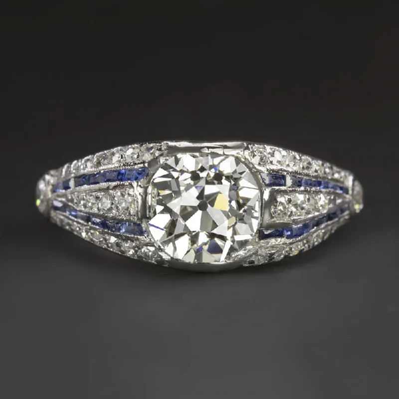 vintage-inspired engagement rings -1.43ct VINTAGE OLD EURO CUT DIAMOND ENGAGEMENT RING GIA CERT SAPPHIRE PLATINUM