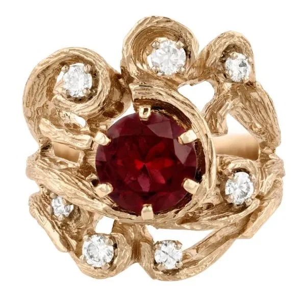 ladies rings cushion-Twisted tree branch garnet and diamond ring