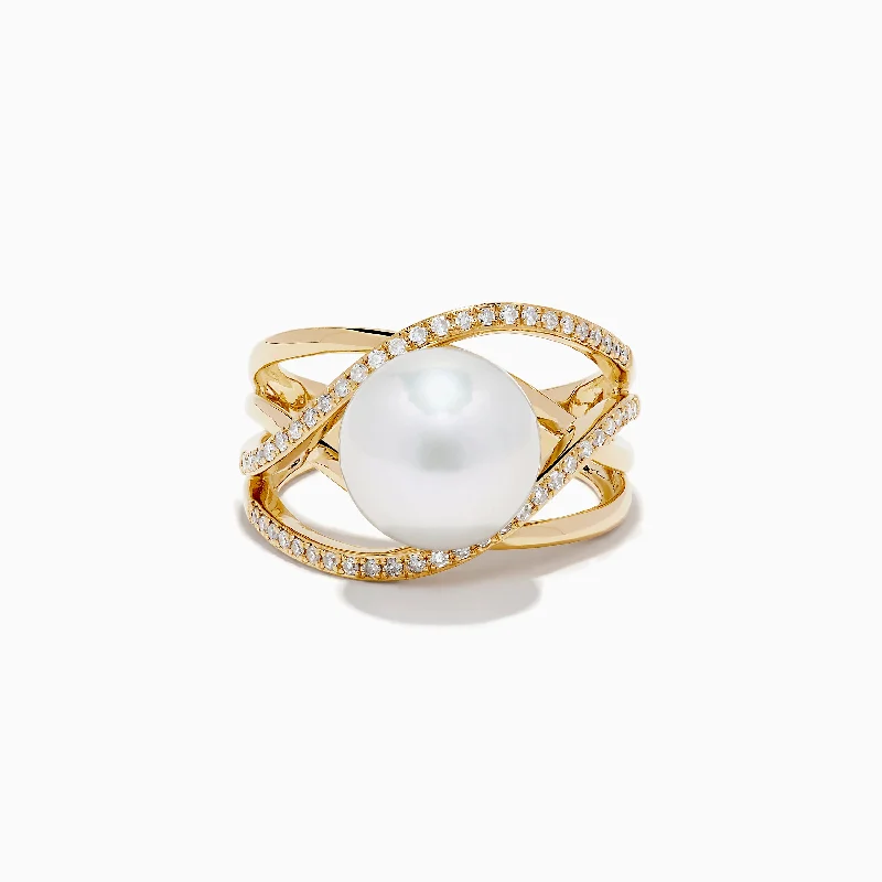 ladies rings brands-14K Yellow Gold Cultured Fresh Water Pearl and Diamond Crossover Ring