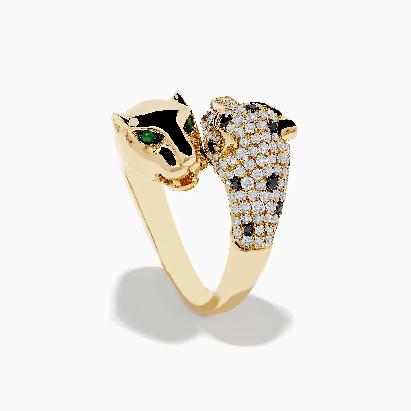 ladies rings storage-Signature 14K Yellow Gold Diamond and Emerald Double Panther Ring