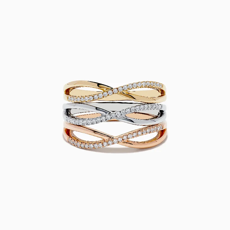 ladies rings latest-Trio 14K 3-Tone Gold Diamond Stackable Crossover Rings Set of 3