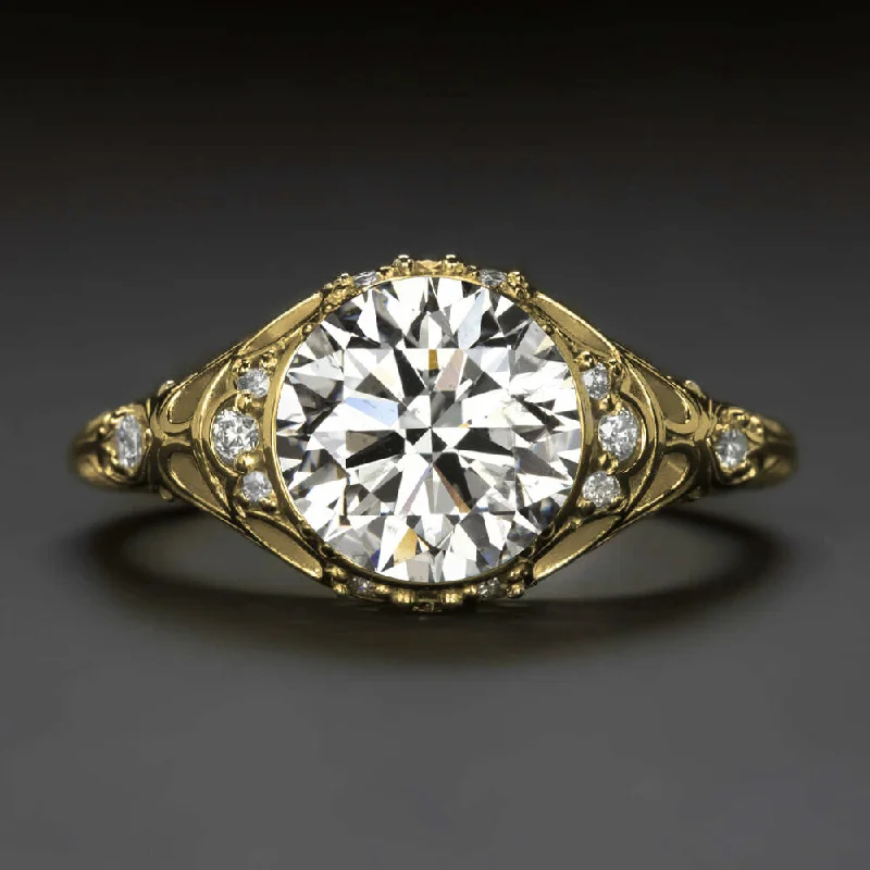 minimalist engagement rings -2ct CERTIFIED DIAMOND ENGAGEMENT RING VINTAGE STYLE YELLOW GOLD FILIGREE ROUND