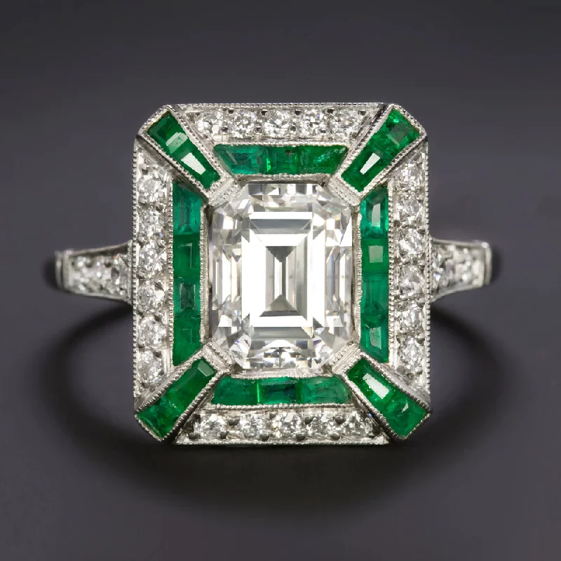 double band engagement rings -1.57ct DIAMOND EMERALD ENGAGEMENT RING VINTAGE STYLE PLATINUM ART DECO 1.5ct