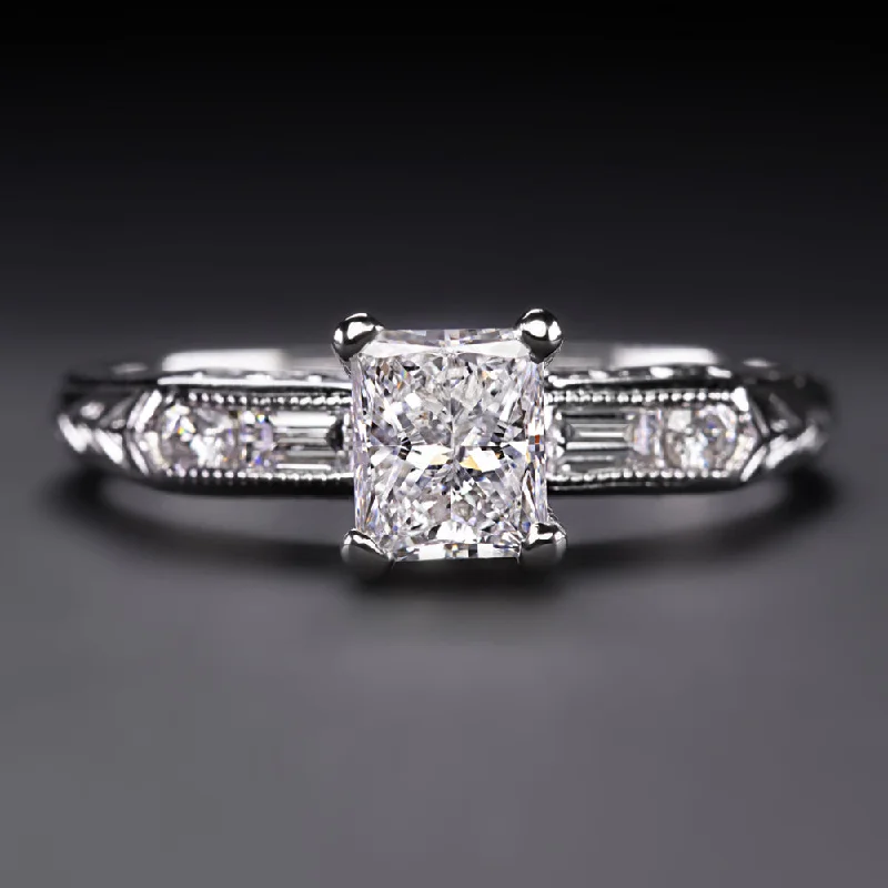 petite engagement rings -RADIANT CUT DIAMOND ENGAGEMENT RING D-E VS2 PLATINUM NATURAL .82ct VINTAGE STYLE