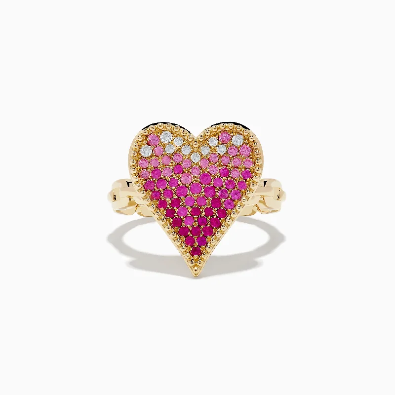 ladies rings casual-Novelty 14K Yellow Gold Pink Sapphire and Diamond Heart Ring