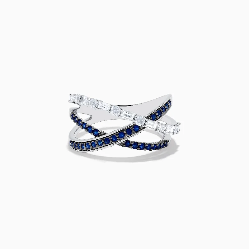 ladies rings pave-Royale Bleu 14K White Gold Blue Sapphire and Diamond Crossover Ring