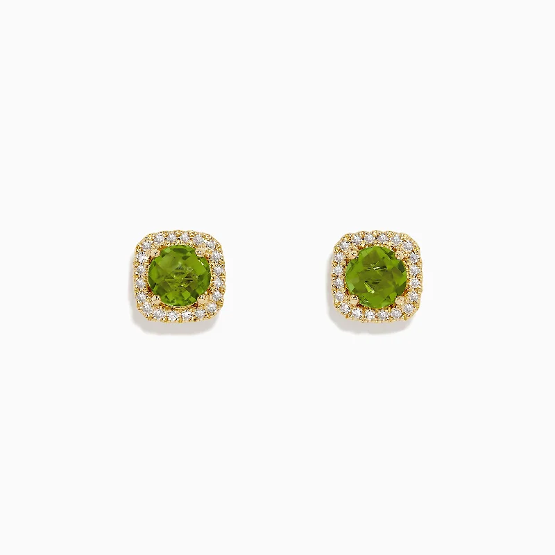 ladies earrings couple-14K Yellow Gold Peridot and Diamond Stud Earrings, 1.99 TCW