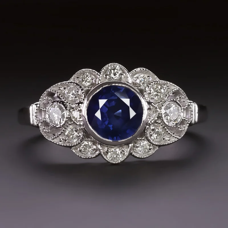 designer engagement rings -VINTAGE STYLE SAPPHIRE DIAMOND COCKTAIL RING 14k WHITE GOLD NATURAL ENGAGEMENT