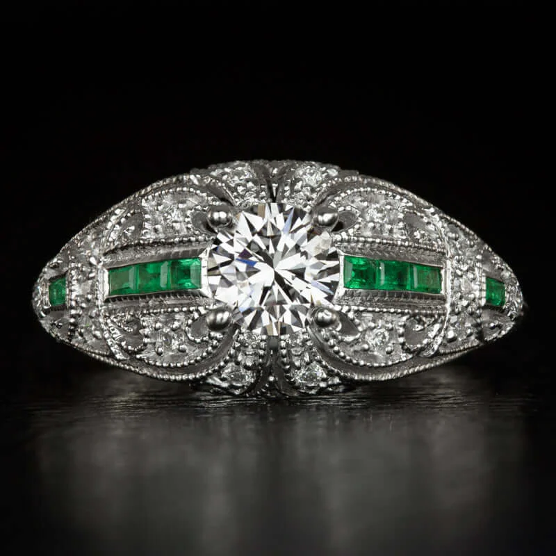 trendy engagement rings -0.85ct DIAMOND EMERALD ART DECO STYLE ENGAGEMENT RING VINTAGE ROUND WHITE GOLD