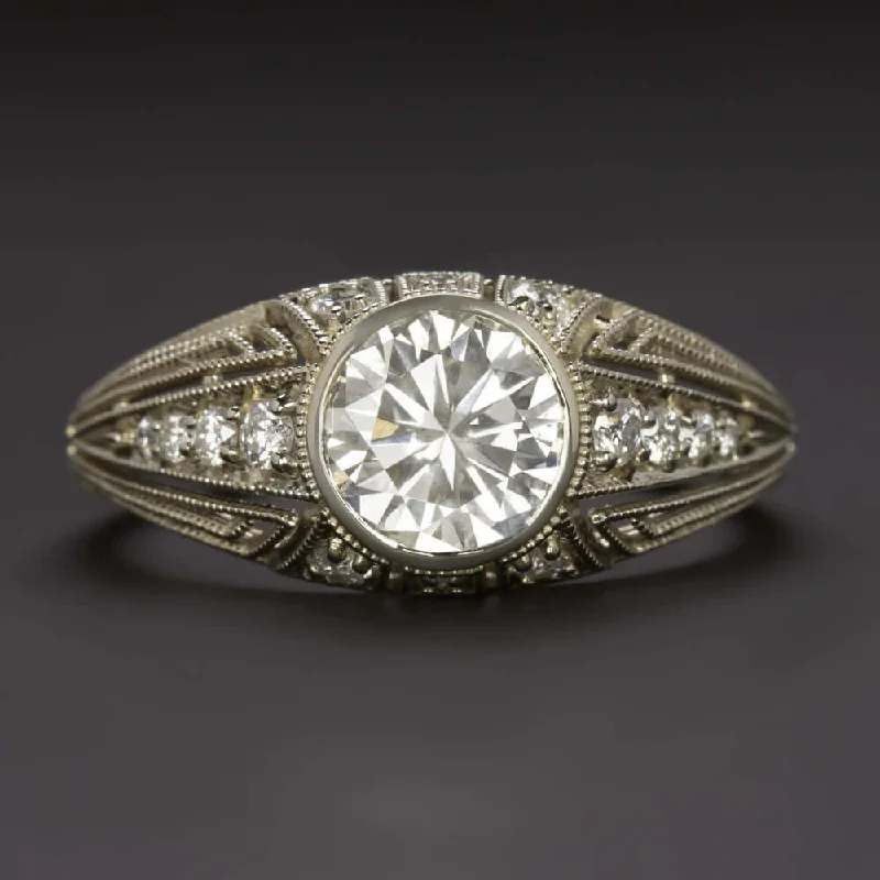 bezel set engagement rings -1.47ct DIAMOND ENGAGEMENT RING VINTAGE STYLE ROUND CUT ART DECO COCKTAIL 1.5ct