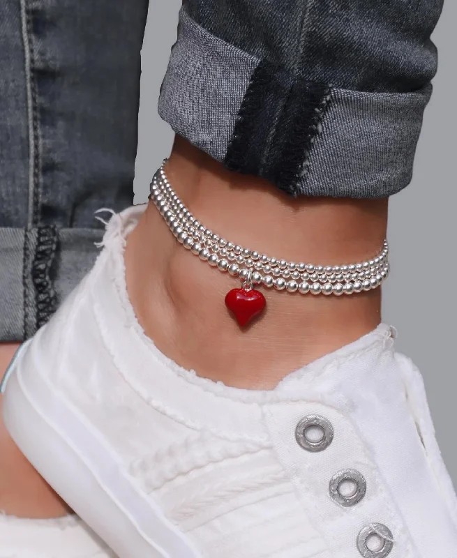 Ladies bracelets vintage elegance -925 Sterling Silver Stretch Red Heart Anklet, Sterling Silver Anklet, Ankle Bracelet, Heart, Anklet